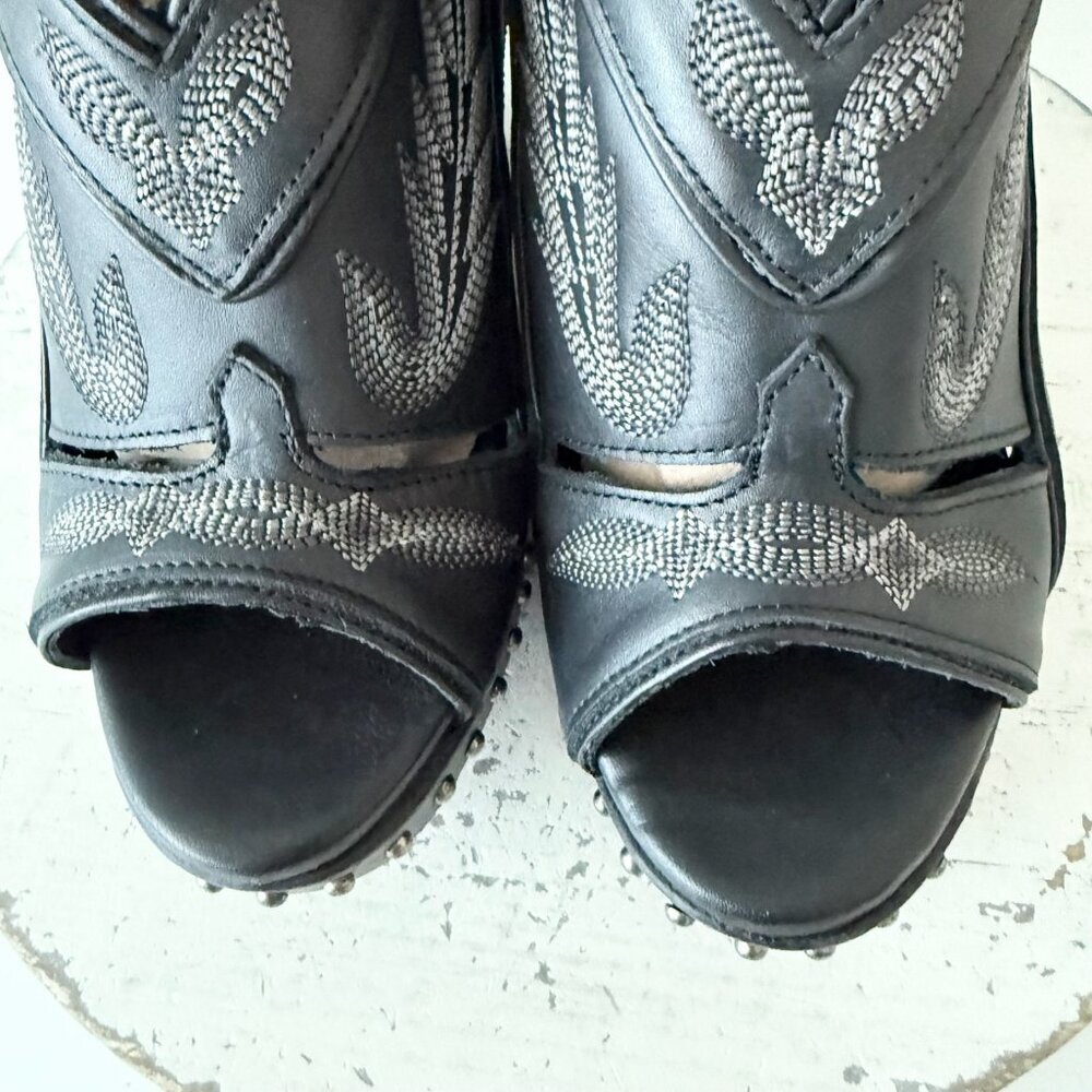 Lane Lexington Jet Black Leather Western Wedges Sandals Wood Heel Womens 7.5 - Picture 6 of 9